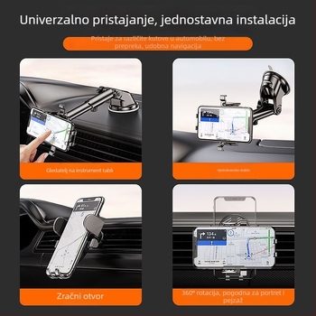 Držač za telefon u automobilu s usisnim držačem, univerzalan za vozila, teleskop, 360° rotacija na ploču instrumenta