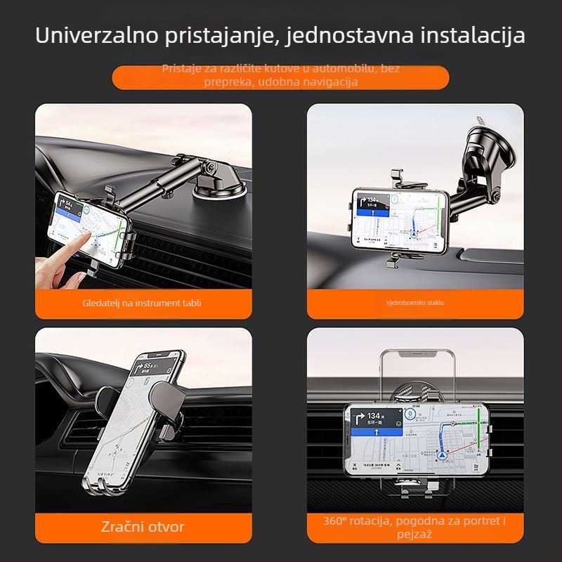Držač za telefon u automobilu s usisnim držačem, univerzalan za vozila, teleskop, 360° rotacija na ploču instrumenta