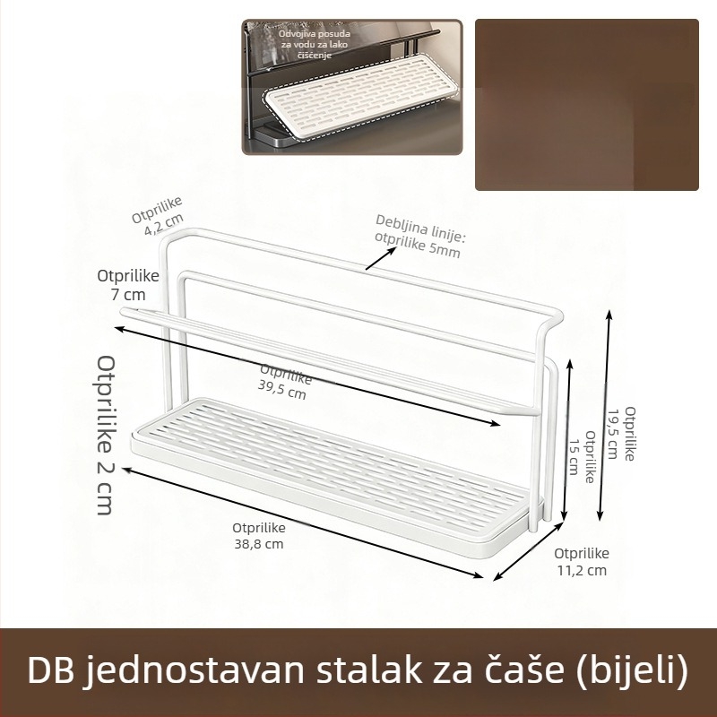 Stolni držač za čaše s integriranim odvodnim pladnjem, dvostruki sloj od karbonskog čelika, za kuhinju i spavaću sobu