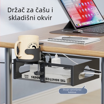 Držač za čašu i organizator kablova za radni stol, bez bušenja, okretni, metal + ABS, montaža na radni stol, 1 sloj
