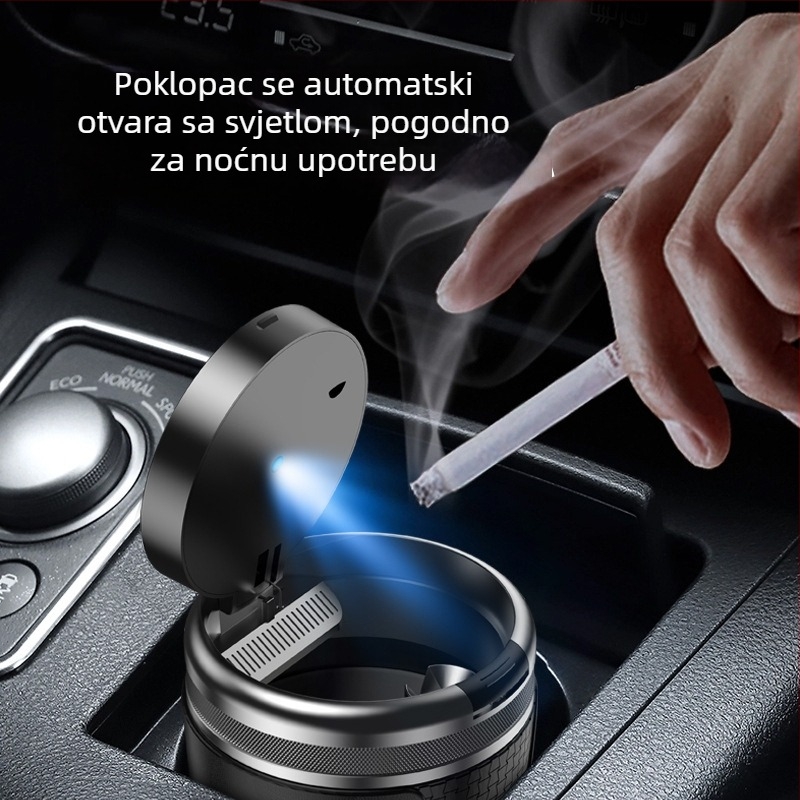 YONG XUN Svijetleća auto pepeljara — metalno tijelo, otvaranje jednim gumbom, pogodno za auto i dom, težina 203 g