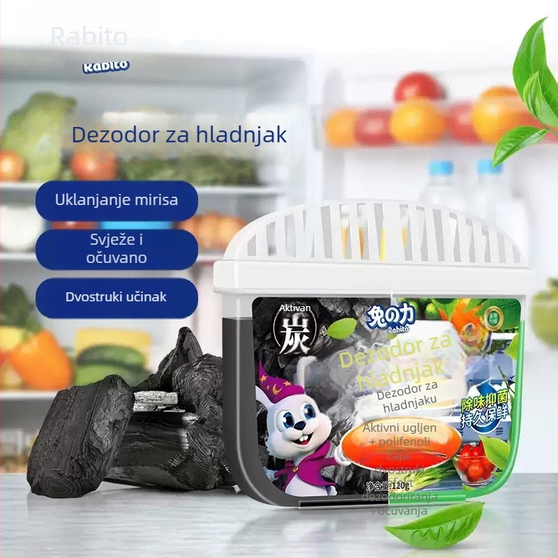 Dezodorans za hladnjak s aktivnim ugljenom, 120 g, 48-komadno pakiranje, miris zelenog čaja polifenoli; glavne sastojke: biljni ekstrakti, površinski aktivne tvari, gelirajuća sredstva, čajni polifenoli; uklanja mirise i održava svježinu hladnjaka.