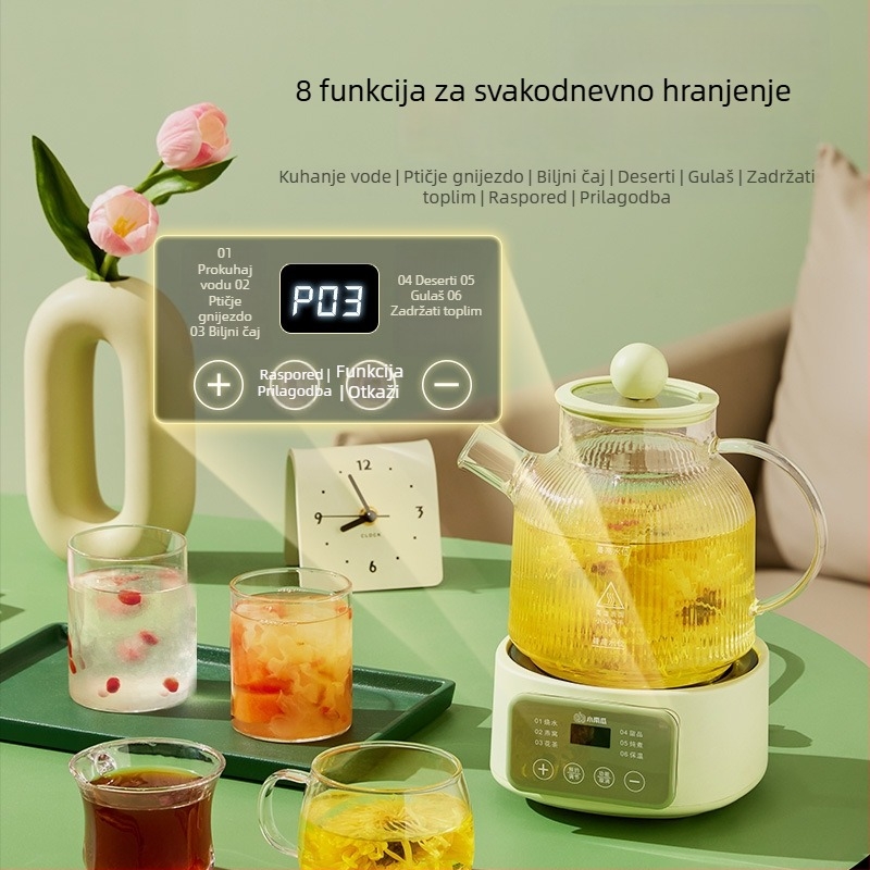 Zdravstveni čajnik sa staklenim tijelom, kapacitet 1–1,5 L, snaga 500 W, napon 220 V, model BG-06 s mikroračunalnim upravljanjem