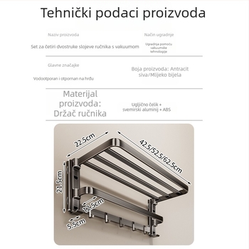 Držač ručnika sa usisnom čašom, bez bušenja, s integriranim vješalom, dvostruki sloj, odvojivi, nosivost 10 kg