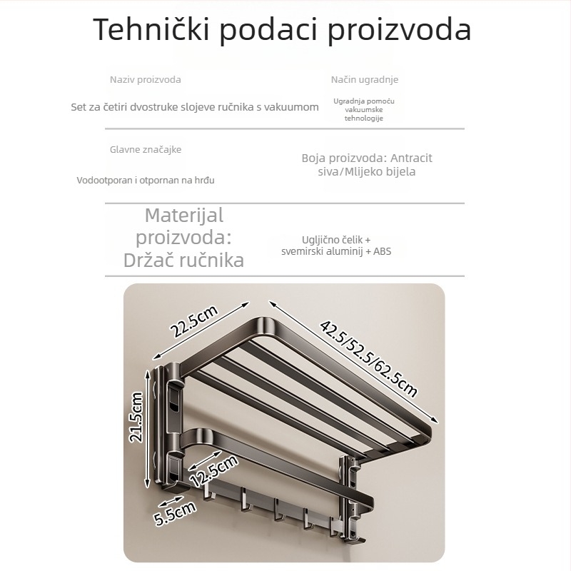 Držač ručnika sa usisnom čašom, bez bušenja, s integriranim vješalom, dvostruki sloj, odvojivi, nosivost 10 kg