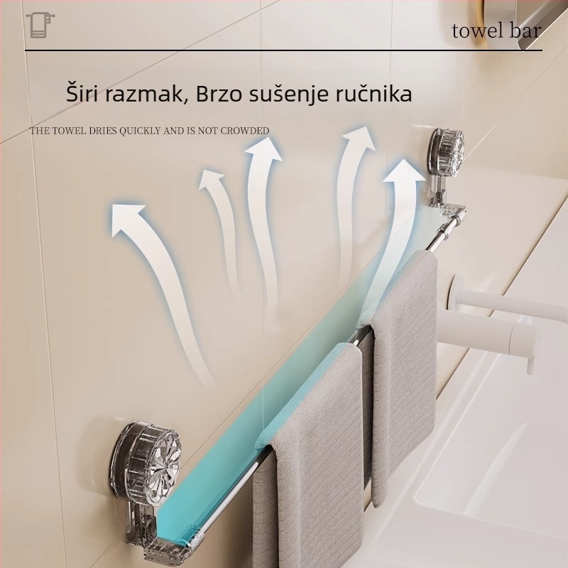 Držač za ručnike sa prisavkom, bez bušenja, teleskopski za kupaonicu, od plastike i nehrđajućeg čelika