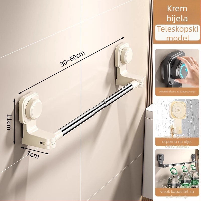 Držač za ručnike sa prisavkom, bez bušenja, teleskopski za kupaonicu, od plastike i nehrđajućeg čelika