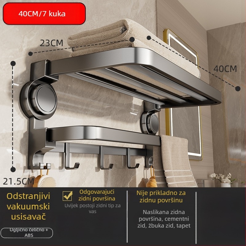 Oginsk metalni držač ručnika za kupaonicu sa suction cup — montaža bez bušenja, zidni spremnik za odlaganje