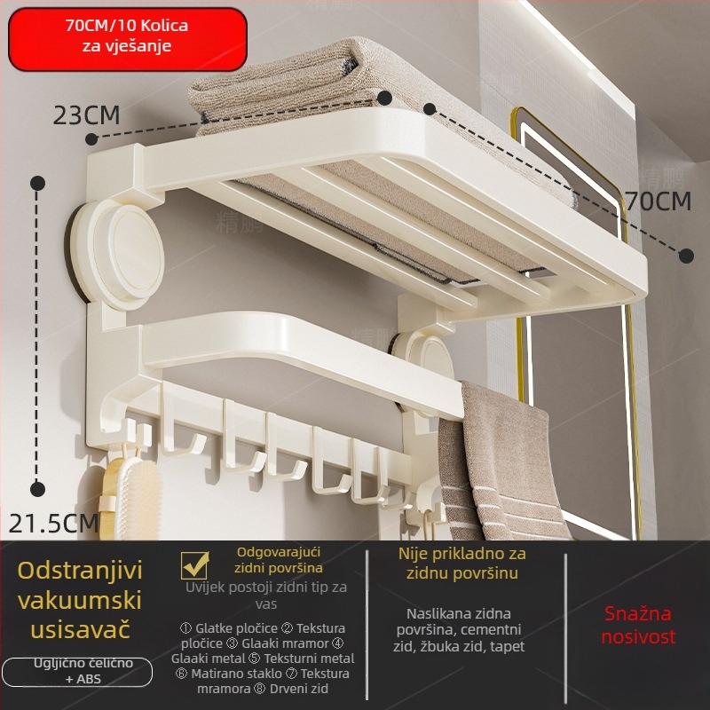 Oginsk metalni držač ručnika za kupaonicu sa suction cup — montaža bez bušenja, zidni spremnik za odlaganje