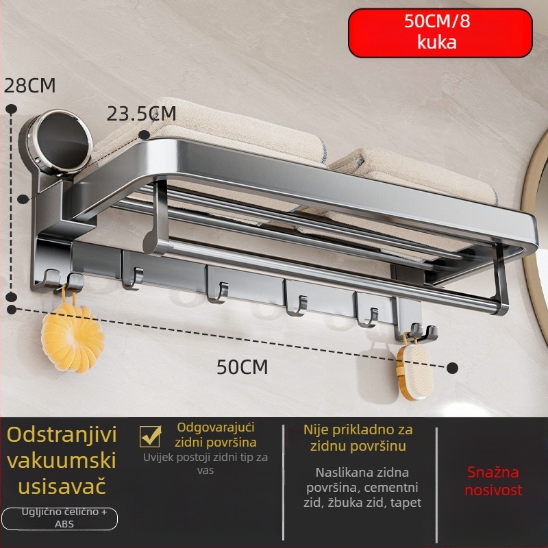 Oginsk metalni držač ručnika za kupaonicu sa suction cup — montaža bez bušenja, zidni spremnik za odlaganje