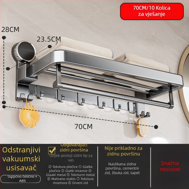 Oginsk metalni držač ručnika za kupaonicu sa suction cup — montaža bez bušenja, zidni spremnik za odlaganje