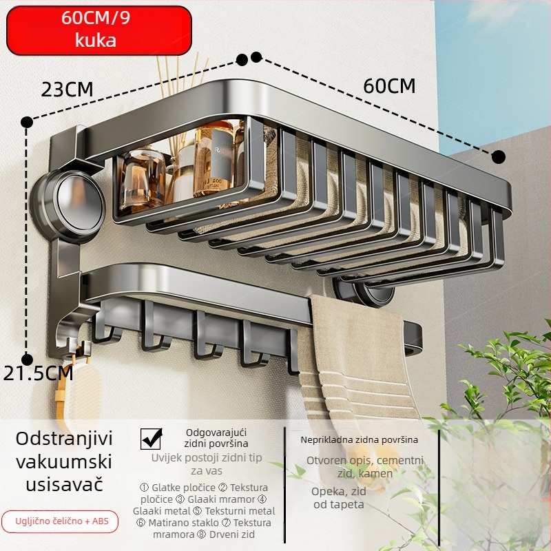 Oginsk metalni držač ručnika za kupaonicu sa suction cup — montaža bez bušenja, zidni spremnik za odlaganje