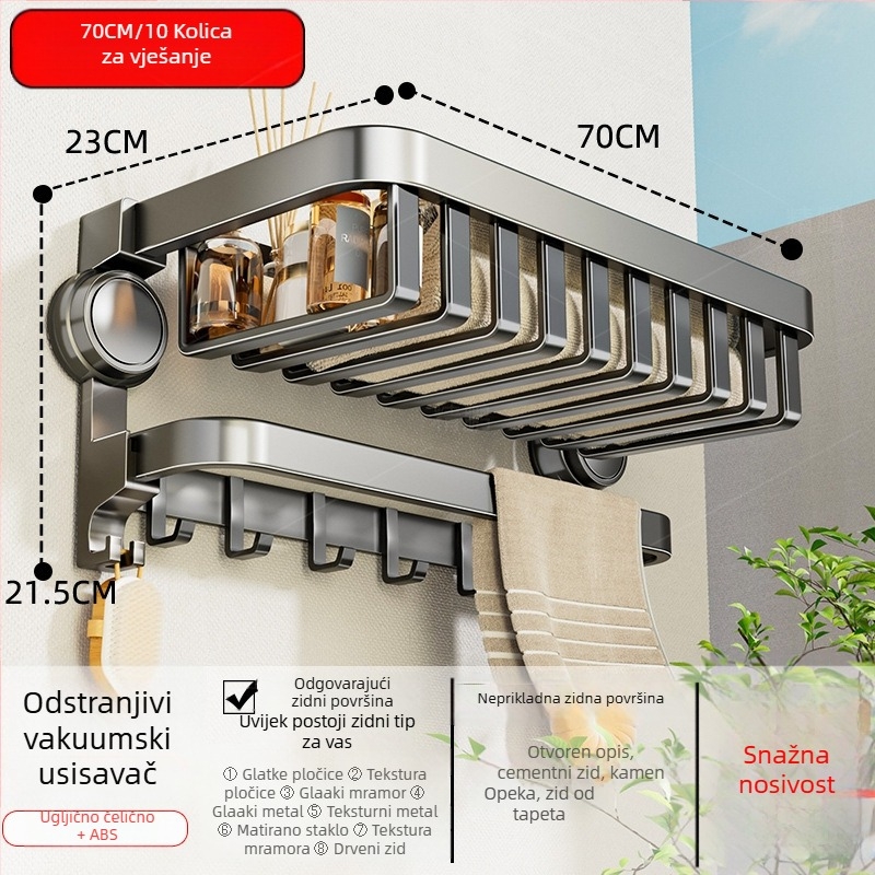 Oginsk metalni držač ručnika za kupaonicu sa suction cup — montaža bez bušenja, zidni spremnik za odlaganje