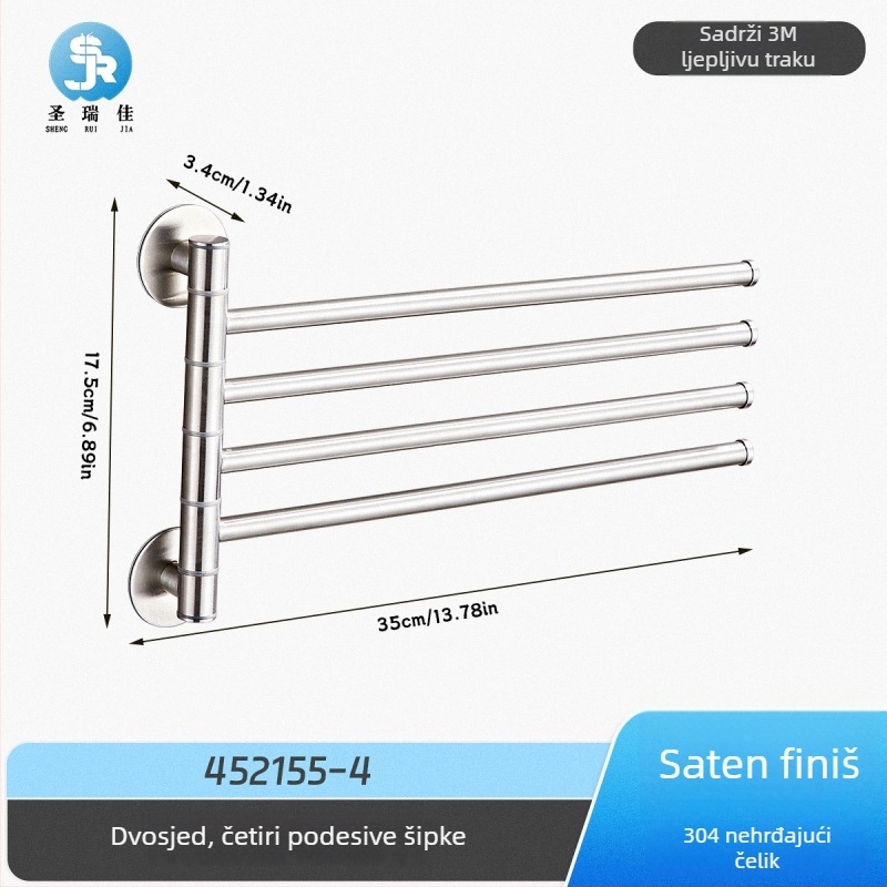 Držač ručnika bez bušenja od 304 nehrđajućeg čelika za kupaonicu, rotirajuća šipka za ručnike i spremišna polica, 2–4 sloja