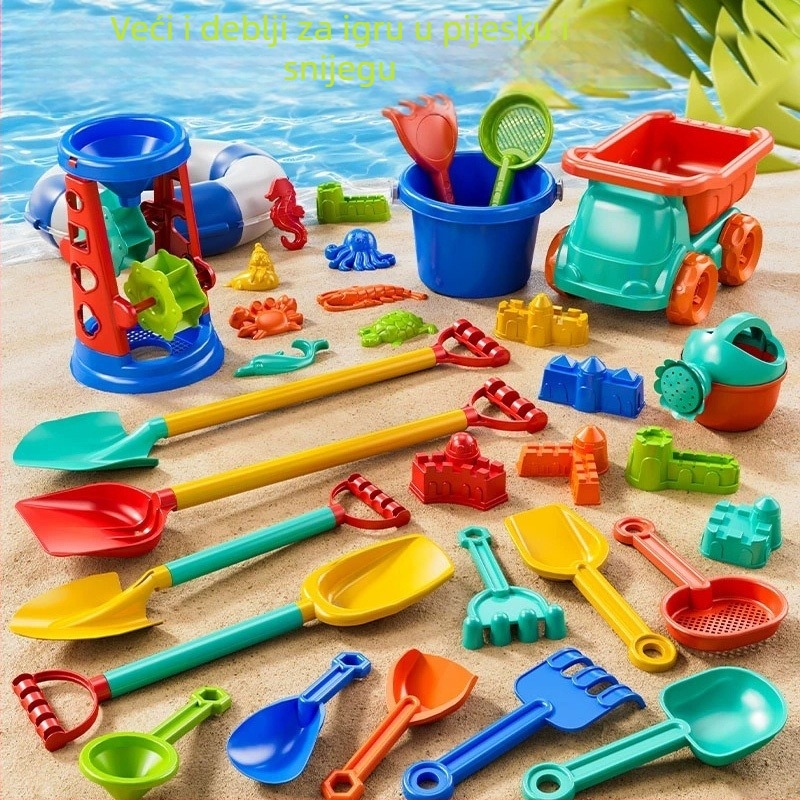 Dječji set za plažu s autićem i igrama u pijesku i snijegu; plastična konstrukcija, za djecu 4–6 godina, uključuje kantu i lopaticu