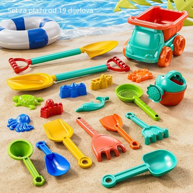 Dječji set za plažu s autićem i igrama u pijesku i snijegu; plastična konstrukcija, za djecu 4–6 godina, uključuje kantu i lopaticu