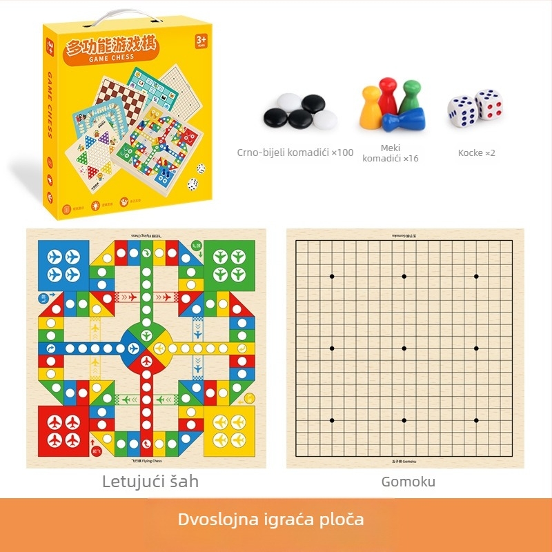 Dvije u jednom drvena edukativna društvena igra za djecu: Gomoku i Leteći šah s prijenosnom kutijom za poklon; potiče intelektualni razvoj i koordinaciju ruka-oko.