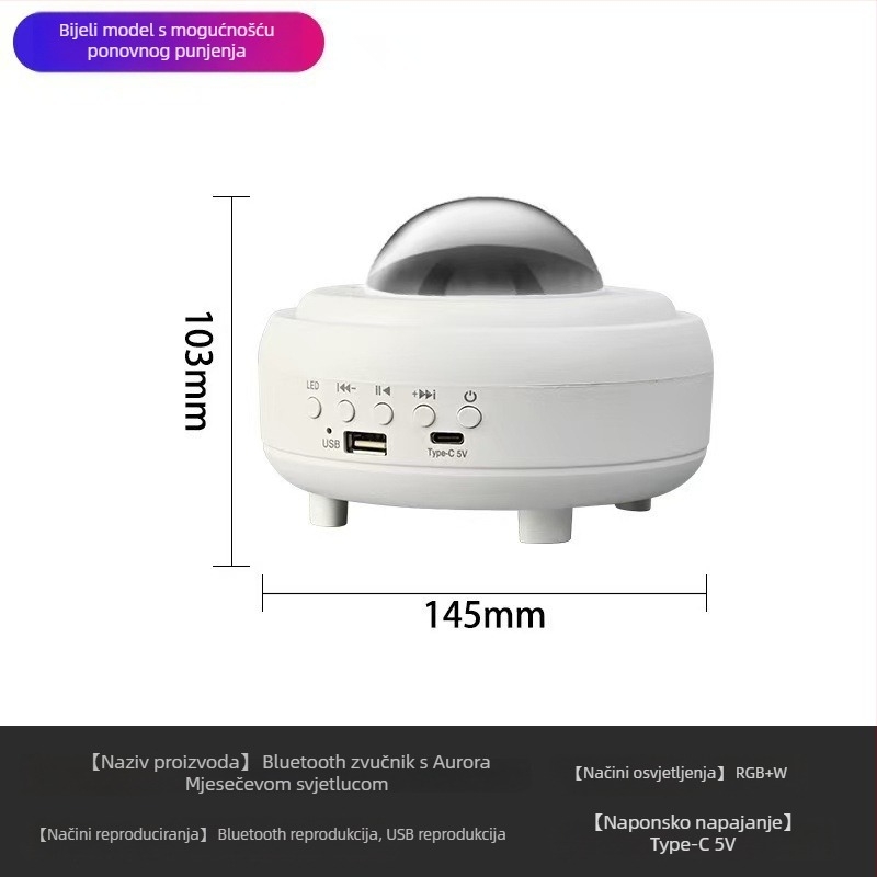 Lampa Mjeseca s projektorom zvjezdane neba, USB napajanje, Bluetooth zvučnik, LED atmosfersko svjetlo, stolna uporaba