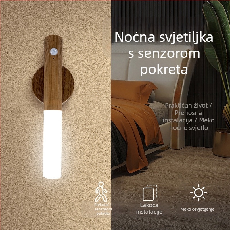 Noćna lampica sa senzorom pokreta, dizajn imitacije drveta, punjiva, 5V, PVC sjenilo, RoHS usklađeno