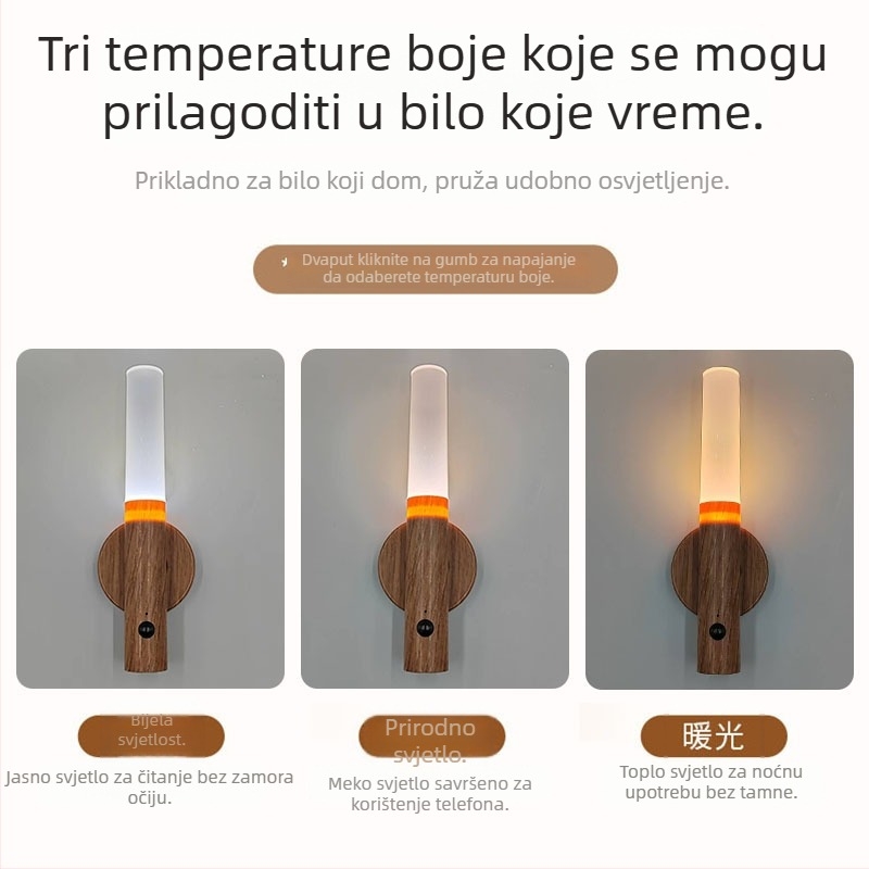 Noćna lampica sa senzorom pokreta, dizajn imitacije drveta, punjiva, 5V, PVC sjenilo, RoHS usklađeno