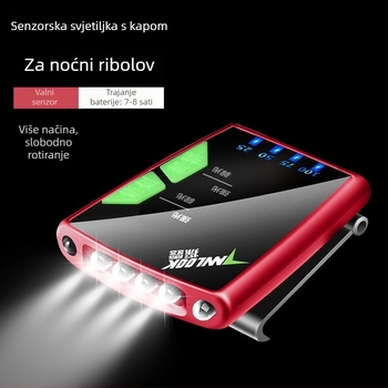 Čelna lampica za noćni ribolov - punjiva LED, indukcijski prekidač, lagana plastična konstrukcija, domet 200–500 m