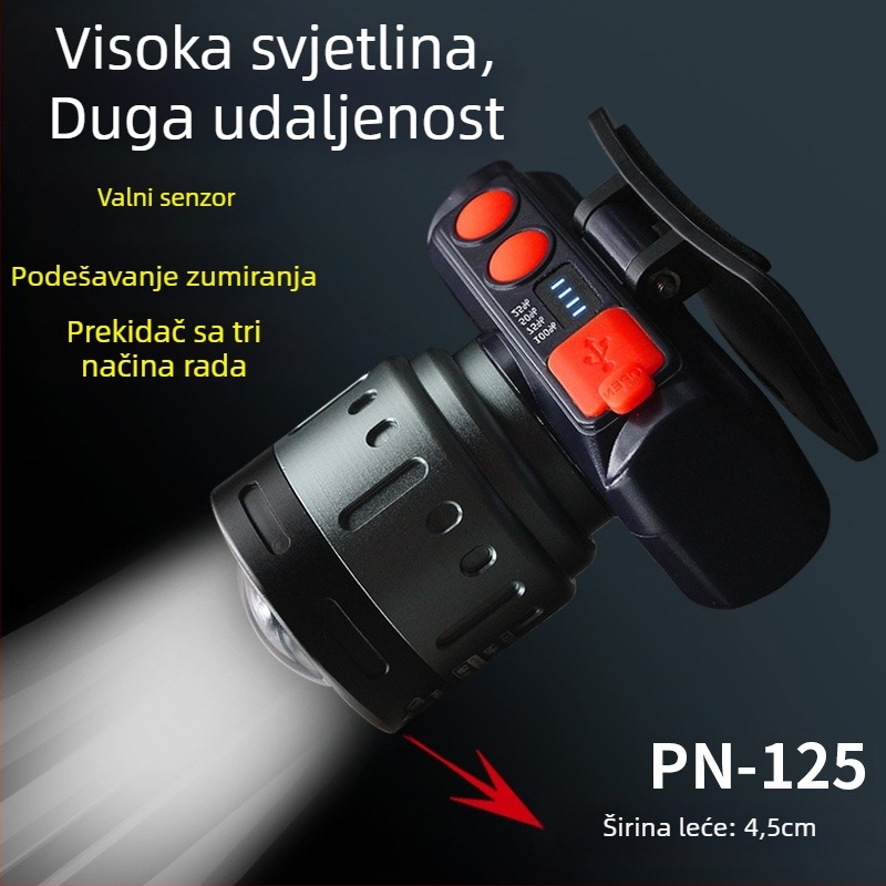 Čelna lampica za noćni ribolov - punjiva LED, indukcijski prekidač, lagana plastična konstrukcija, domet 200–500 m