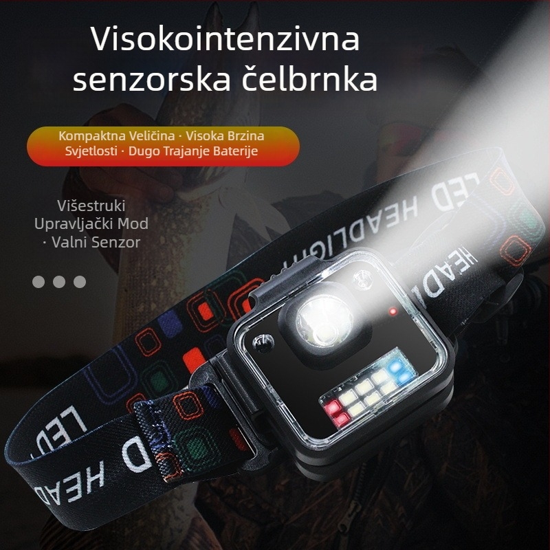 Čelna lampica za noćni ribolov - punjiva LED, indukcijski prekidač, lagana plastična konstrukcija, domet 200–500 m