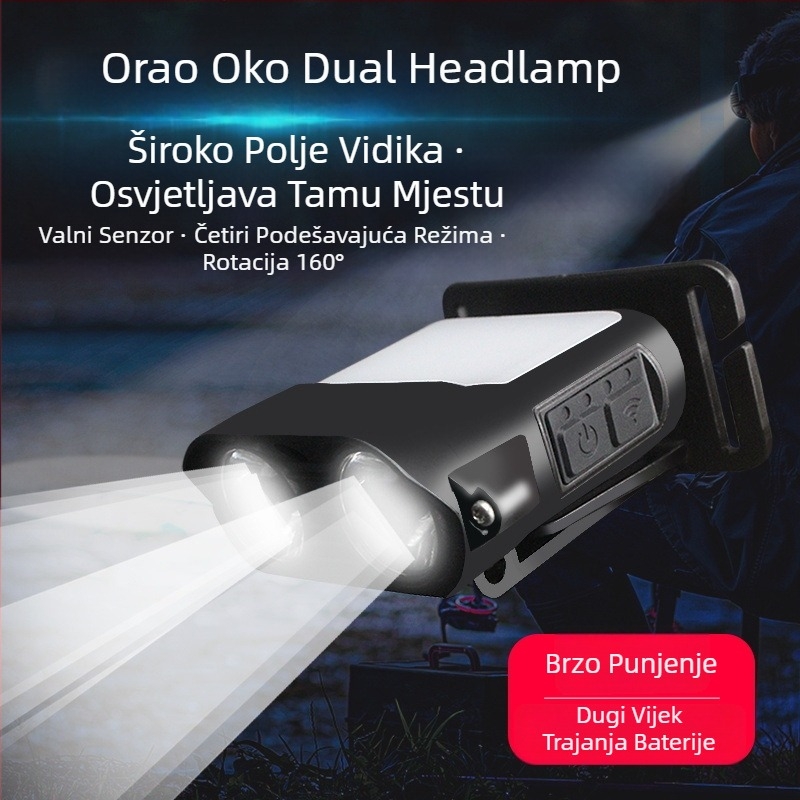 Čelna lampica za noćni ribolov - punjiva LED, indukcijski prekidač, lagana plastična konstrukcija, domet 200–500 m