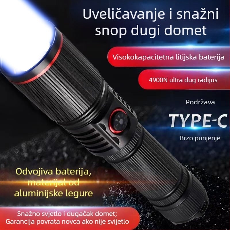 Ručna LED svjetiljka s kućištem od aluminijske legure, model G25-0921, domet 50–100 m, vodootporna