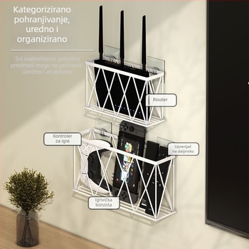 Nosač zidni za usmjerivač i set-top kutiju - bez bušenja, od ugljičnog čelika, moderan minimalistički dizajn, montaža kukom, 1-etasna polica, pogodna za kuhinju, spavaću sobu, kupaonicu, dnevni boravak
