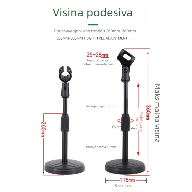 Stalak za mikrofon za stolni korištenje s teškom metalnom disk bazom, podesiva visina, kompatibilan s kondenzatorskim mikrofonom, MILESNG ZM02