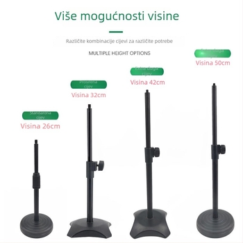 Stolni stalak za telefon i mikrofon s podesivim osvjetljenjem za live prijenos, okrugla disk baza, metalna cijev.