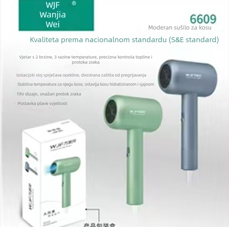 Električno sušilo za kosu s tihim dizajnom i konstantnom njegom kose, 1600W, 220V, vrući/hladni zrak, jedna mlaznica, buka 45–50 dB