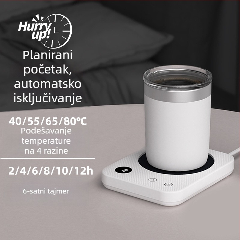 Grijaća podloga za šalice s 4 razine temperature do 80°C, dodirni upravljanje, AC napajanje, automatsko isključivanje