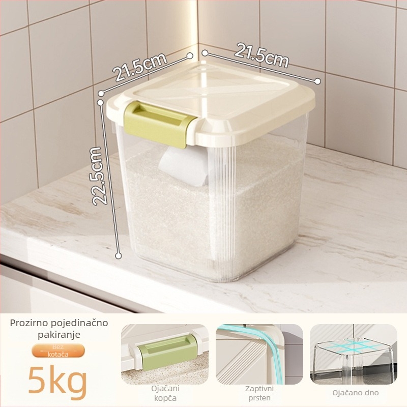 Kutija za skladištenje riže; zatvorena, otporna na vlagu i štetne insekte; plast (PP); kapacitet 10 l ili više; mogućnost ispisa logotipa.