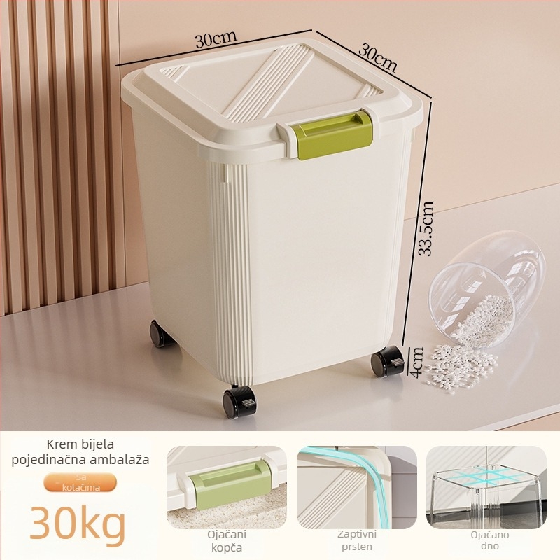 Kutija za skladištenje riže; zatvorena, otporna na vlagu i štetne insekte; plast (PP); kapacitet 10 l ili više; mogućnost ispisa logotipa.