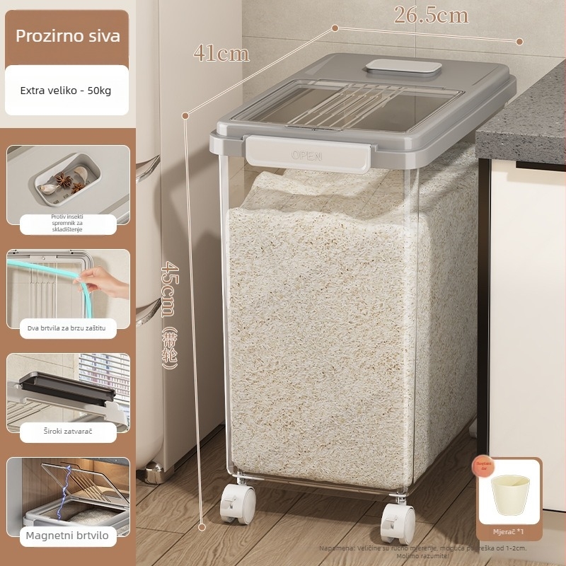 Kutija za skladištenje riže s poklopcem; prehrambeni PP plast; otporna na vlagu i insekate; Mu Ming