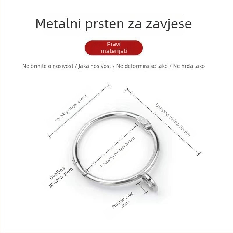 Metalni zavjesni prsten – kružna petlja za rimsku šinu, moderan minimalistički stil, prilagodljiv.