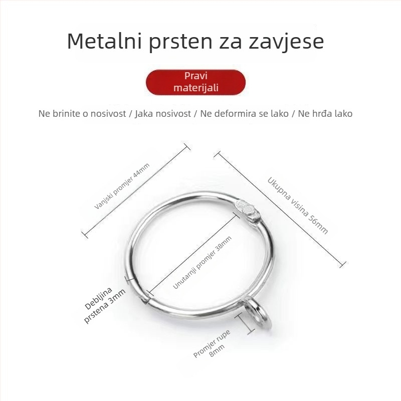 Metalni zavjesni prsten – kružna petlja za rimsku šinu, moderan minimalistički stil, prilagodljiv.