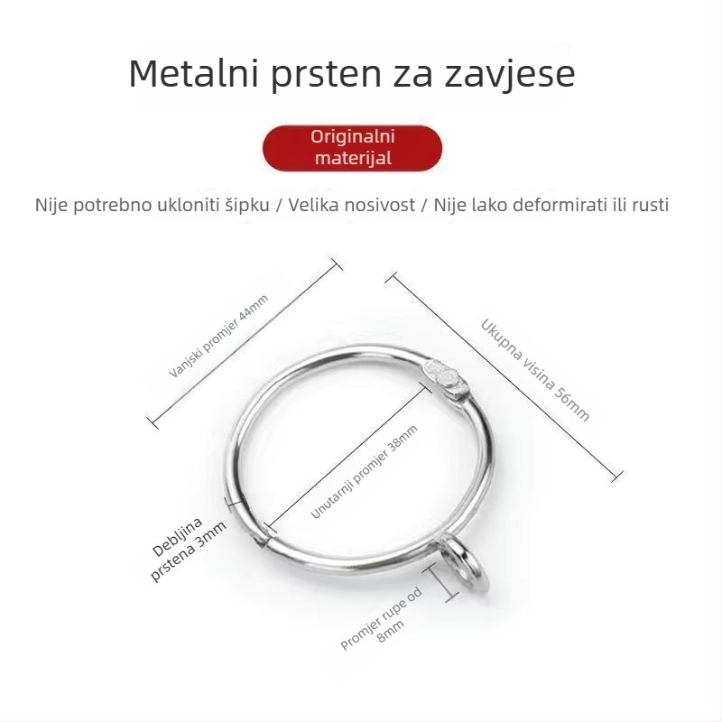 Metalni zavjesni prsten – kružna petlja za rimsku šinu, moderan minimalistički stil, prilagodljiv.