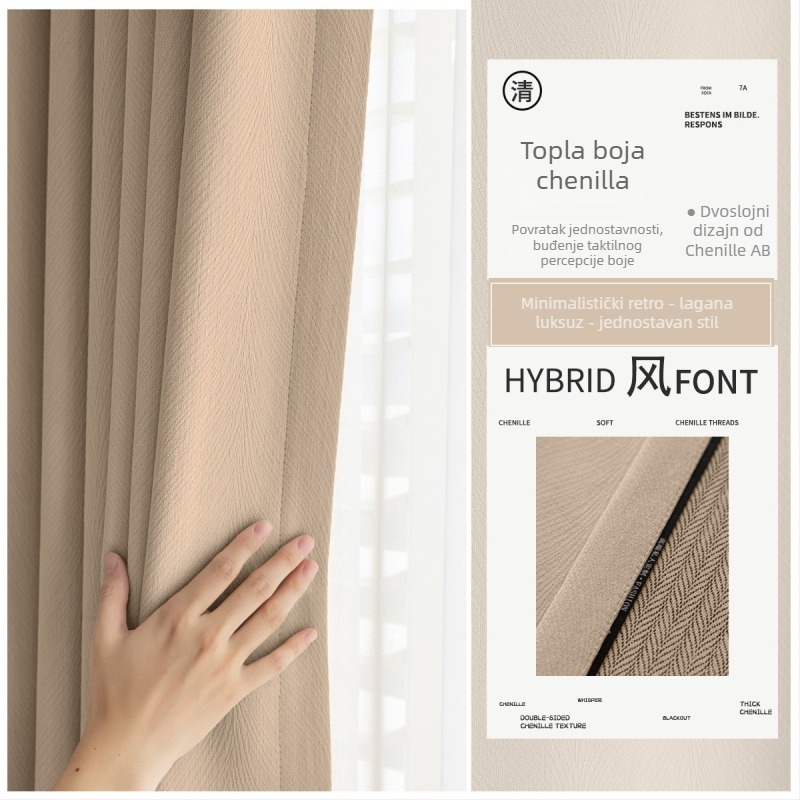 Dvoslojna AB Chenille zavjesa za prozor za dnevni boravak, spavaću sobu i ured — poliester, 90–100% blokiranje svjetla, prugasti/monofoni uzorak