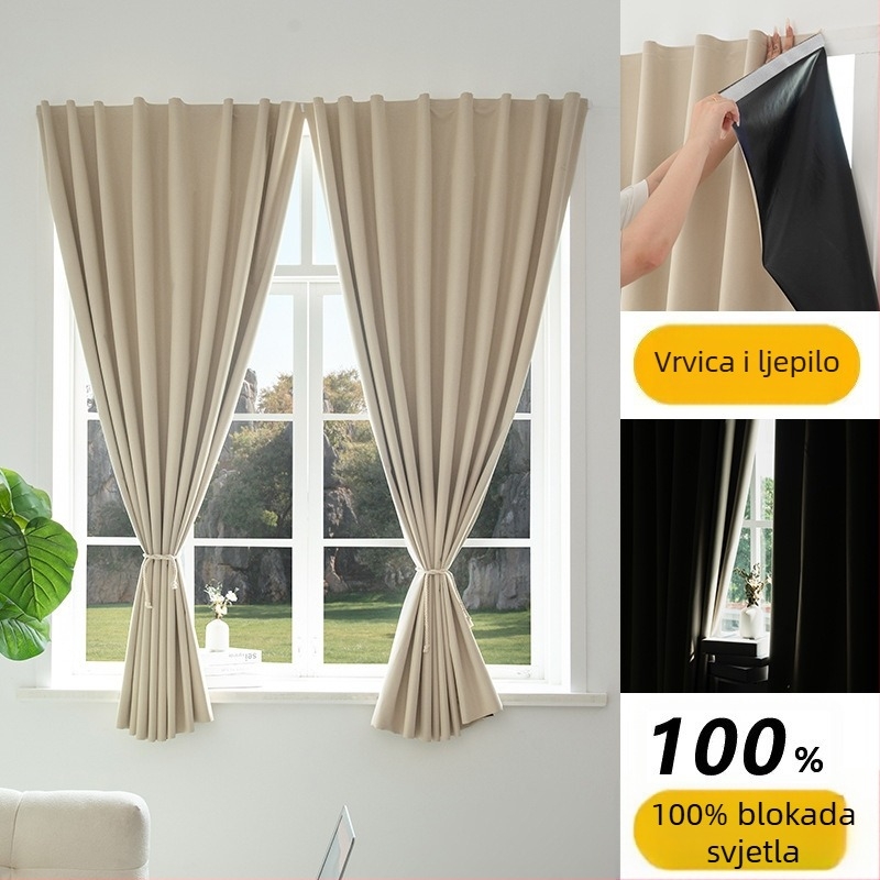 Pozadina zavjesa za dnevni prostor – presvučena tkanina, Velcro pozadina, potpuno zamračenje (>90%), moderni minimalistički stil, složena izrada; za dnevni boravak, spavaću sobu, radnu sobu