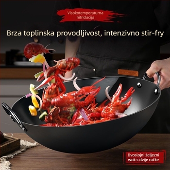 Nitridirani wok s dvjema ručkama za plinsku ploču, debela lijevana posuda za kuhanje kod kuće