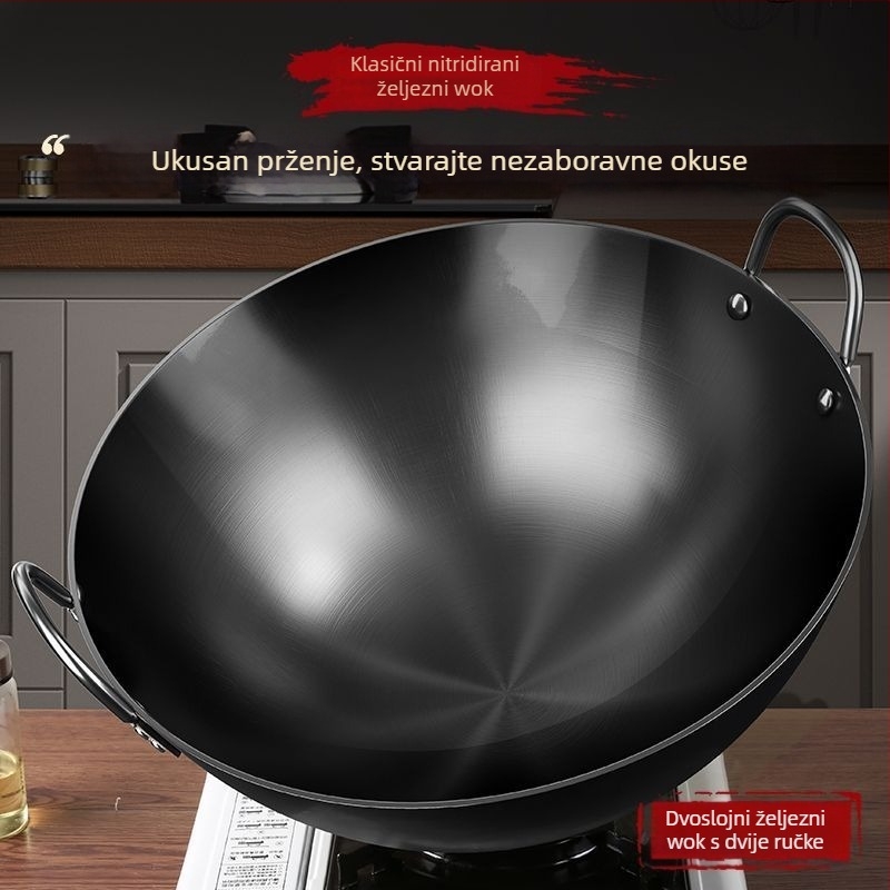 Nitridirani wok s dvjema ručkama za plinsku ploču, debela lijevana posuda za kuhanje kod kuće