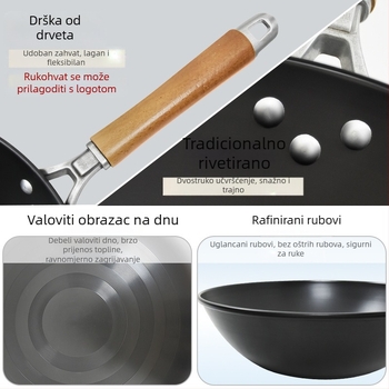 Wok od lijevanog željeza, bez premaza, pogodna za plin, lagana 1,3 kg, dno s jednim dnom