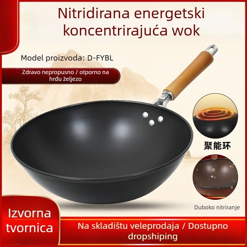 Wok od lijevanog željeza, bez premaza, pogodna za plin, lagana 1,3 kg, dno s jednim dnom