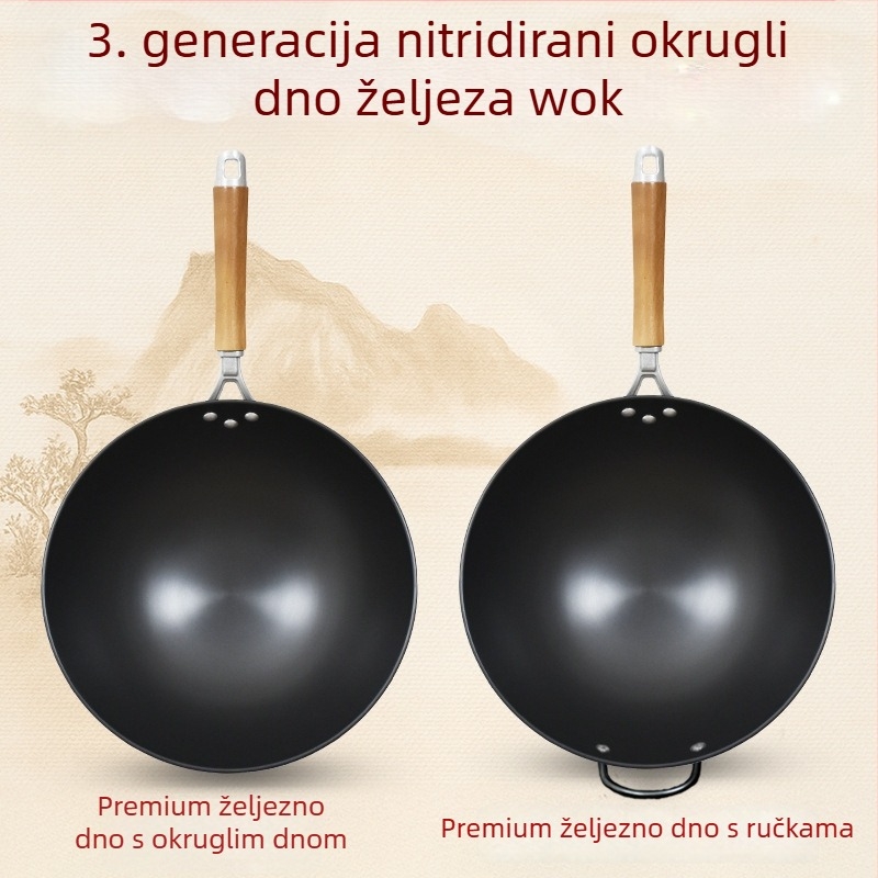 Wok od lijevanog željeza, bez premaza, pogodna za plin, lagana 1,3 kg, dno s jednim dnom
