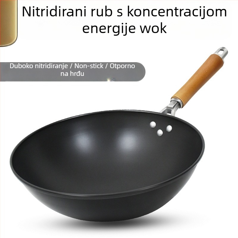 Wok od lijevanog željeza, bez premaza, pogodna za plin, lagana 1,3 kg, dno s jednim dnom