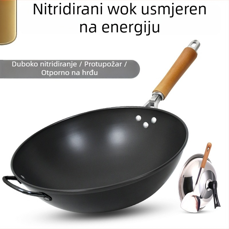 Wok od lijevanog željeza, bez premaza, pogodna za plin, lagana 1,3 kg, dno s jednim dnom