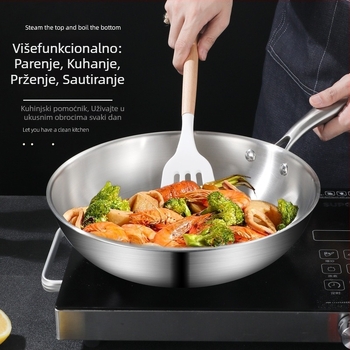 Wok s trostrukim dnom od 304 nehrđajućeg čelika, stakleni poklopac, dubina 9 cm, kompatibilan s indukcijskim i plinskim pločama